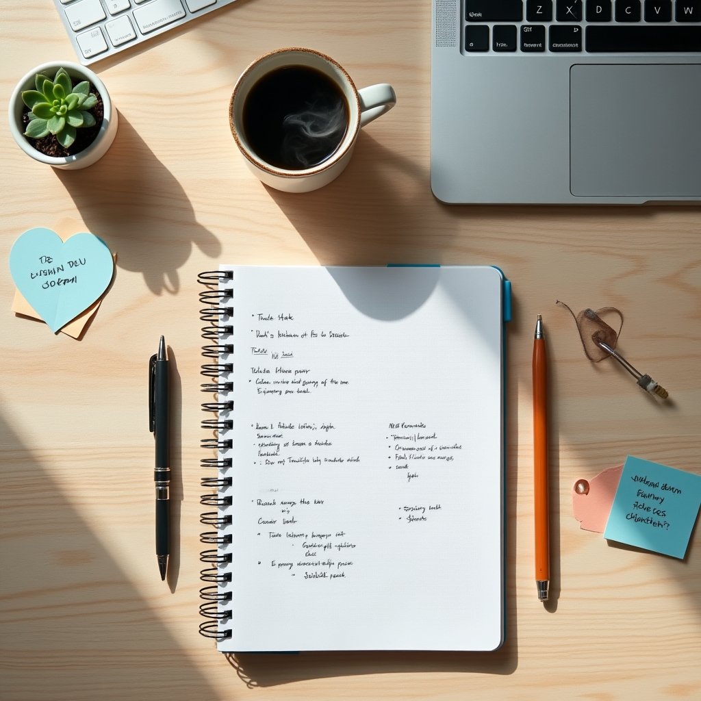 Frühes Gründungsumfeld mit Laptop, Notizbüchern und Kaffeetasse